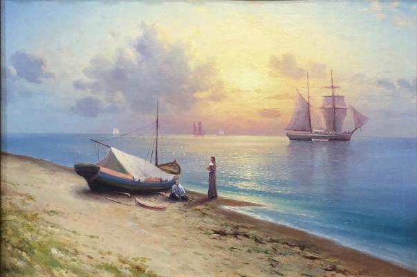 Капустин Григорий Иванович. Морской пейзаж с парусниками и лодкой на берегу Капустин Григорий Иванович. Морской пейзаж с парусниками и лодкой на берегу