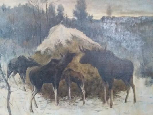 Неизвестный художник "Лоси у стога сена." Неизвестный художник "Лоси у стога сена."