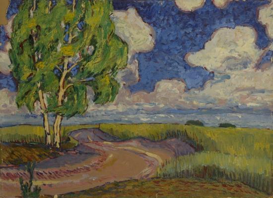 Курников Николай Федорович. Пейзаж с березой. Курников Николай Федорович. Пейзаж с березой.