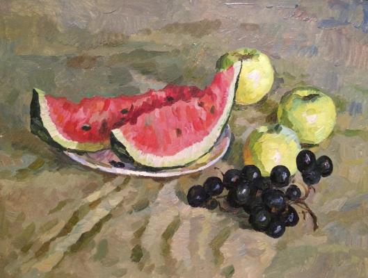 Титов Анатолий Михайлович. Натюрморт с арбузом и веточкой винограда.
