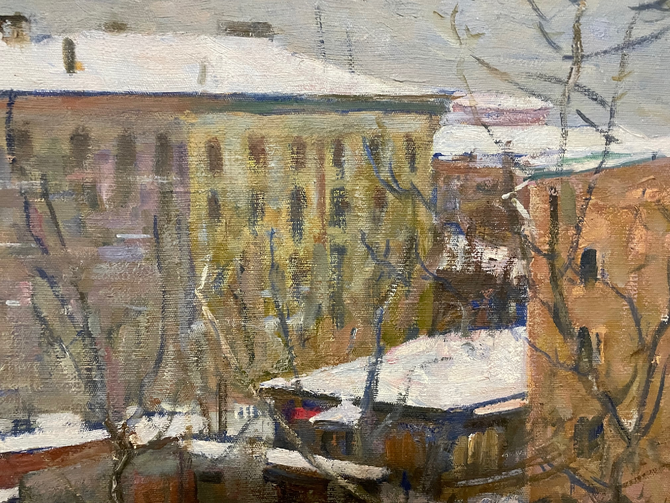 Моссаковский Павел Александрович. Московский двор зимой на фоне старых и новых домов
