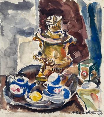 Кончаловский Михаил Петрович. Натюрморт с самоваром и чайным сервизом. 50